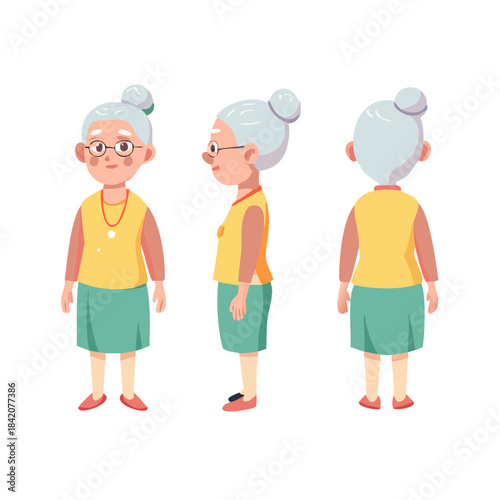 Front, side, back view animated character. Elderly woman character creation set with various views. Cartoon flat vector