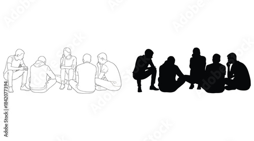 Illustration of two groups of six individuals seated in a circle, shown in outline and silhouette styles – ideal for visuals on group dynamics, identity, perception, meetings, and minimalist character