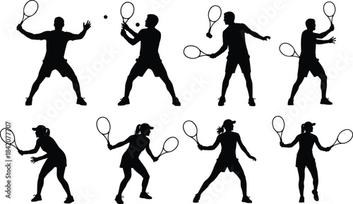Dynamic tennis player silhouette collection illustrating various action poses in detailed vector style for sports design, athlete graphics, training concepts, and energetic artwork