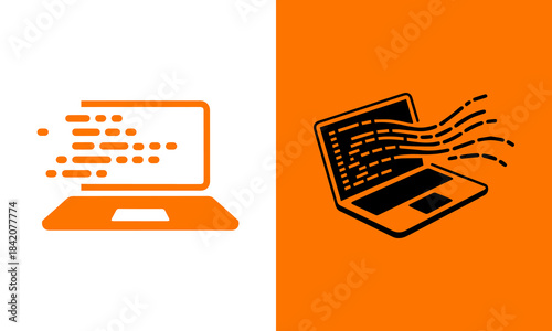 Digital data transfer and coding concepts represented by stylized laptops and orange graphics