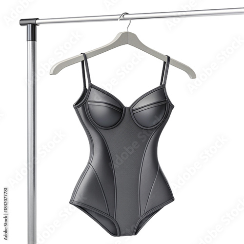 Sleek black bodysuit hangs elegantly ready for fashion editorials, runway shows, or creating stylish mood boards, expressing confidence and modern design