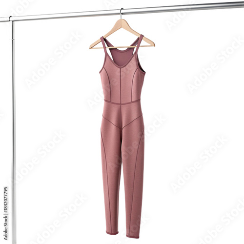 Stylish mauve jumpsuit on hanger, perfect for active lifestyle, fitness, yoga, or casual comfort, a modern and versatile wardrobe essential for women