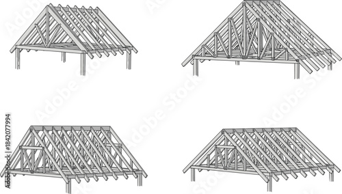 Structural Timber Roof Trusses, Building Framework, Construction Engineering, and Architectural Support Assembly Illustrations.