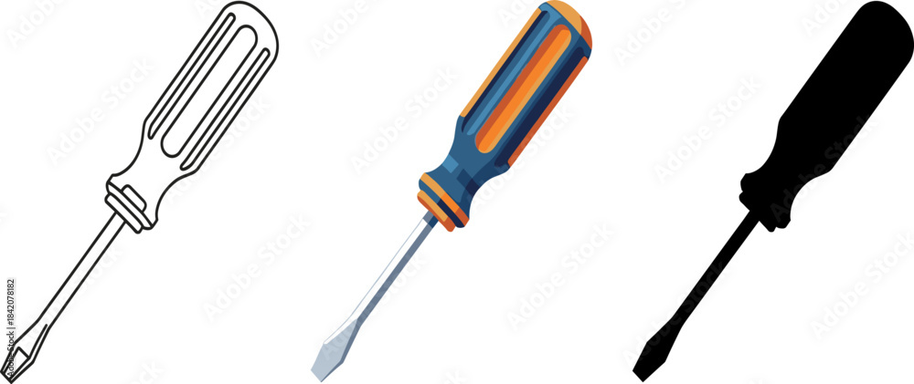 Fototapeta premium Flat-head Screwdriver Icon in Outline, Color, and Silhouette Vector Styles.