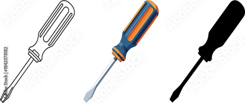 Flat-head Screwdriver Icon in Outline, Color, and Silhouette Vector Styles.
