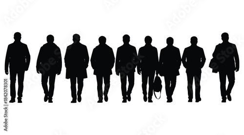 Row of Ten Black Male Business Person Silhouettes Walking Forward in Profile Against a White Background: Concept of Teamwork, Corporate Professionals, Urban Commute, or Anonymous Crowd in High Contras