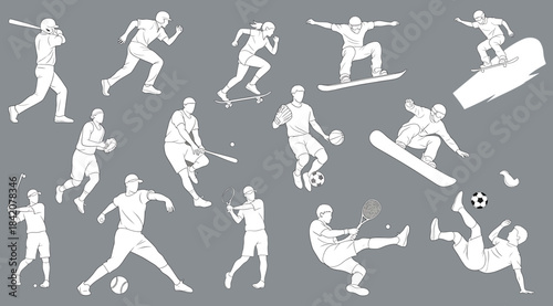 Collection of Fifteen White Vector Silhouettes Depicting Diverse Sports Activities—Running, Tennis, Baseball, Snowboarding, and Soccer—Set Against a Solid Medium Gray Background for Athletic or Fitnes