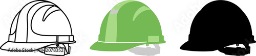 Construction Safety Hard Hat in Outline, Color, and Silhouette Vector Icon.