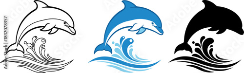 Jumping Dolphin on Water Wave Logo Design in Line Art, Color, and Silhouette Styles.