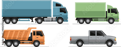 Set of Transport Trucks and Pickup Vehicles: Delivery, Dump Truck, and Cargo Lorry.