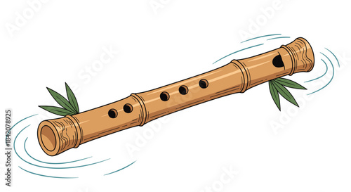 Illustration of a traditional Japanese bamboo flute, the shakuhachi, with bamboo leaves and swirling air currents around it.
