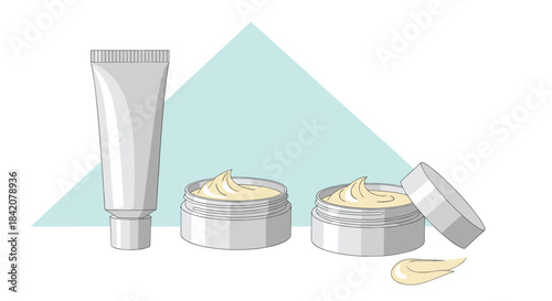 Vector illustration of a skincare set including a tube, two open jars of cream, and a product smear on a white background.