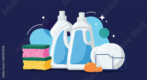 Household cleaning supplies including dish soap bottles, sponges, and clean plates on a dish rack against a dark blue background.
