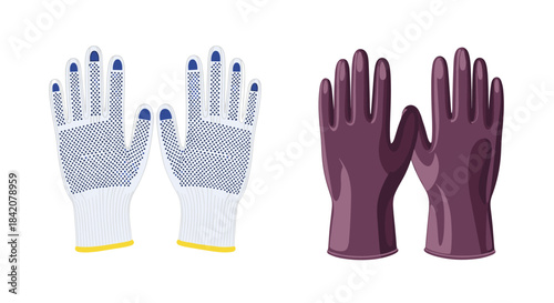 A set of two types of work gloves, including white cotton gloves with grip dots and purple chemical-resistant rubber gloves.