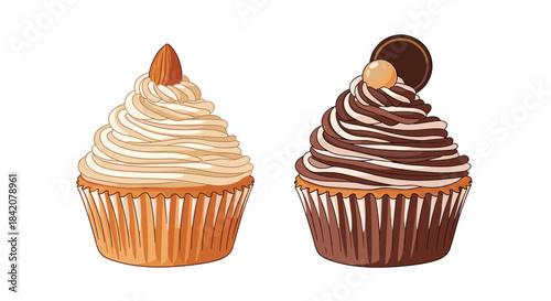 Two delicious cupcakes with swirled frosting, one topped with an almond and the other with chocolate, isolated on a white background.