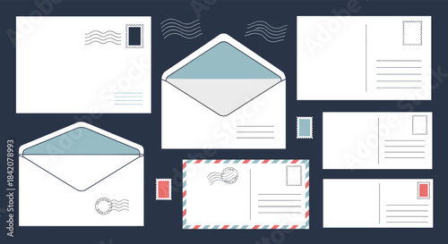 A comprehensive set of postal elements including white envelopes, postcards, airmail envelopes, and postage stamps on a dark background.