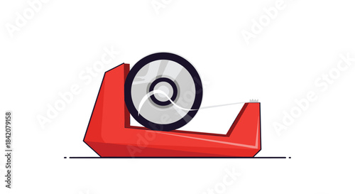A simple, stylized red desktop adhesive tape dispenser with a roll of clear tape, illustrated in a minimalist line art style.