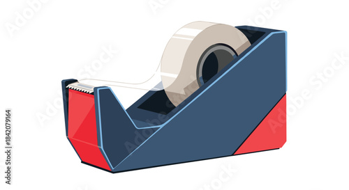 A classic desktop adhesive tape dispenser in blue and red, holding a roll of clear sticky tape, isolated on a white background.
