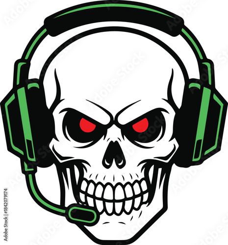 Vector illustration of a menacing skull wearing a black and green gaming headset with a microphone, featuring glowing red eyes and an intense expression, suitable for an esports logo or mascot.