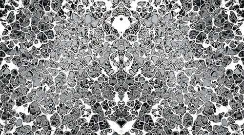 Abstract Symmetrical Pattern Composed of Dense, Varied-Sized Monochromatic Spheres or Bubbles: High-Detail Grayscale Texture Background Suggesting Cellular Structure, Foam, or Digital Noise.