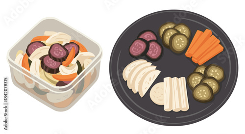 A set of Japanese nukazuke, rice bran pickles, shown in a container and served as assorted slices on a black plate.
