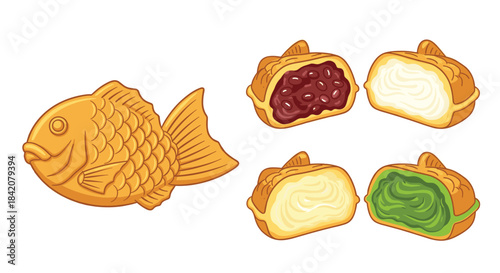 A set of Japanese fish-shaped taiyaki cakes, including a whole cake and halves showing red bean, custard, and matcha fillings.