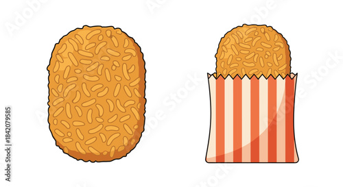 Japanese arancini-style fried rice balls, known as onigiri, shown individually and served in a striped paper bag for takeout.