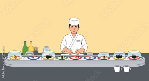 A Japanese sushi chef prepares food behind a conveyor belt sushi counter in a traditional kaiten-zushi restaurant setting.