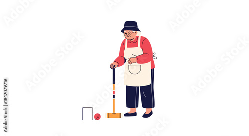 An elderly woman wearing an apron and a hat plays a game of croquet with a mallet and ball on a white background.