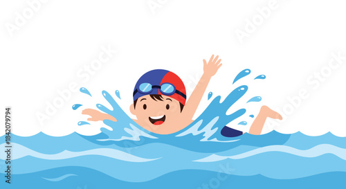 A happy young boy wearing a swim cap and goggles, joyfully swimming the front crawl in a pool of blue water.
