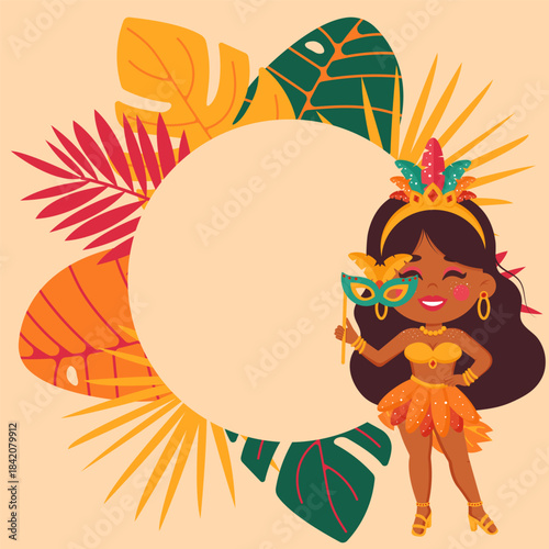 Brazil carnival poster with cute samba dancer, palm trees and space for text. Flat design for Brazilian party, parade and music dance celebration. Vector illustration