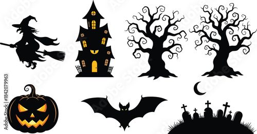 Halloween silhouettes, flying witch, haunted house, spooky trees, jack-o'-lantern, glowing bat, graveyard, crescent moon, eerie design, festive artwork