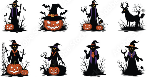Halloween scarecrow witches, jack-o'-lanterns, flying bats, barren trees, tridents, spooky props, festive costumes, white background, eerie silhouettes, cartoon style