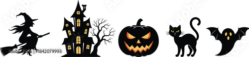 Halloween silhouettes, flying witch, haunted house, spooky tree, jack-o'-lantern, black cat, glowing bat, festive design, eerie elements, white background