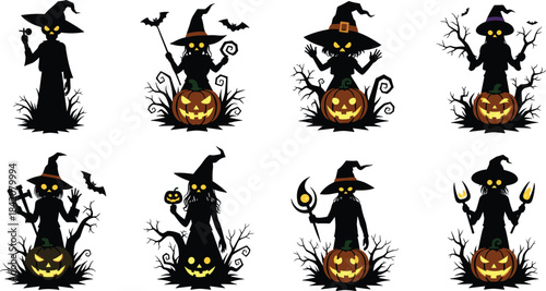 Halloween witch silhouettes, glowing eyes, jack-o'-lanterns, spooky trees, bats, tridents, magical staffs, festive props, eerie costumes, white background