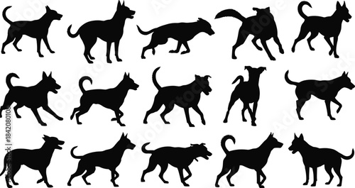Collection of dynamic dog silhouette poses showcasing walking, standing, running, playful movement, domestic pet behavior, perfect for vector illustration, design elements, and creative animal artwork