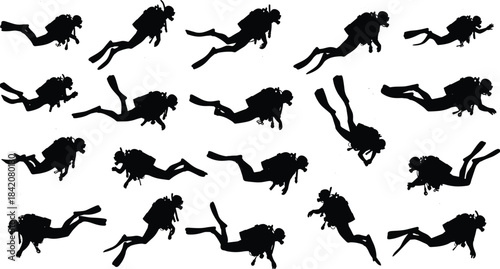 Collection of dynamic scuba diver silhouettes in various underwater swimming poses, detailed black vector illustration ideal for ocean exploration themes, marine sports designs, and adventure graphics