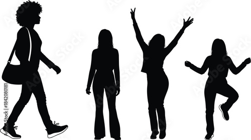 Diverse female silhouette collection showcasing walking, standing, and joyful expressive poses, perfect for modern vector illustration, lifestyle artwork, 