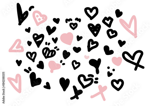Hearts doodle Black and Pink drewning hand draw on white background. Vector illustration.