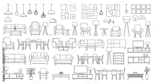 Furniture and home decor line drawings in grid layout, sofas, chairs, tables, lamps, plants, shelves, minimalist interior design catalog, visual reference for architecture and decoration planning