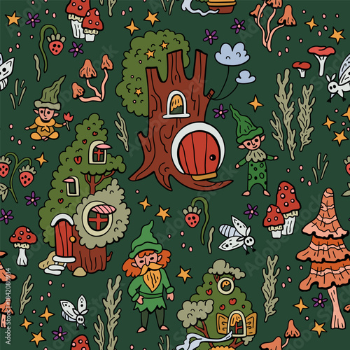 Vector pattern with gnomes and mushroom houses. Forest fairytale world. Seamless background with magical characters.