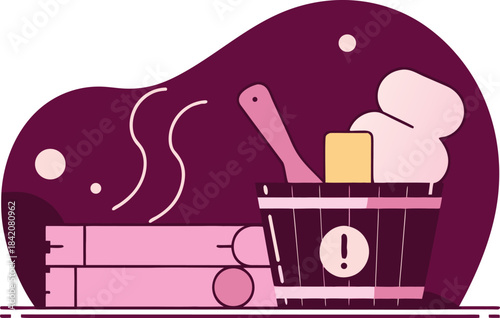 Relaxing sauna time illustration, perfect for wellness and spa promotions, featuring a bucket, logs, and steam in a modern, inviting design