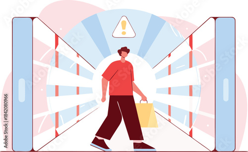 Navigate online shopping safely with fraud alerts and secure digital payments on your phone, a stylish illustration of modern e-commerce challenges