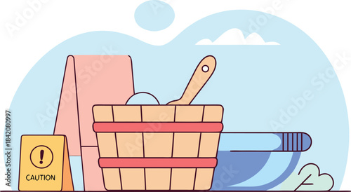 Relaxing sauna day with bucket, towel, and caution sign for a spa getaway, promoting wellness and tranquility in a modern wellness center design