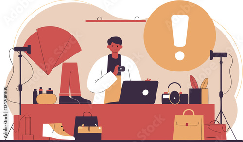 Fashion photographer working at the studio with light equipment and laptop, managing product photos, fashion industry, digital marketing and advertising