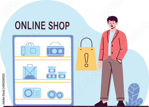 Excited man shopping online with sale alert in a modern digital storefront offering a variety of goods for consumers seeking great deals