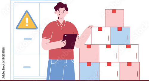 Warehouse worker inspecting inventory with tablet near stacked boxes, ensuring safety and compliance in a modern distribution center, streamlined efficiency