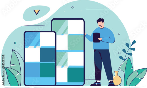 Modern man using tablet to design app interface with vibrant user experience for mobile devices, showcasing sleek digital product development process