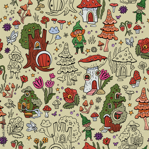 Vector pattern with gnomes and mushroom houses. Forest fairytale world. Seamless background with magical characters.