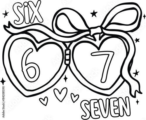 Print line art of heart lockets with numbers six and seven 